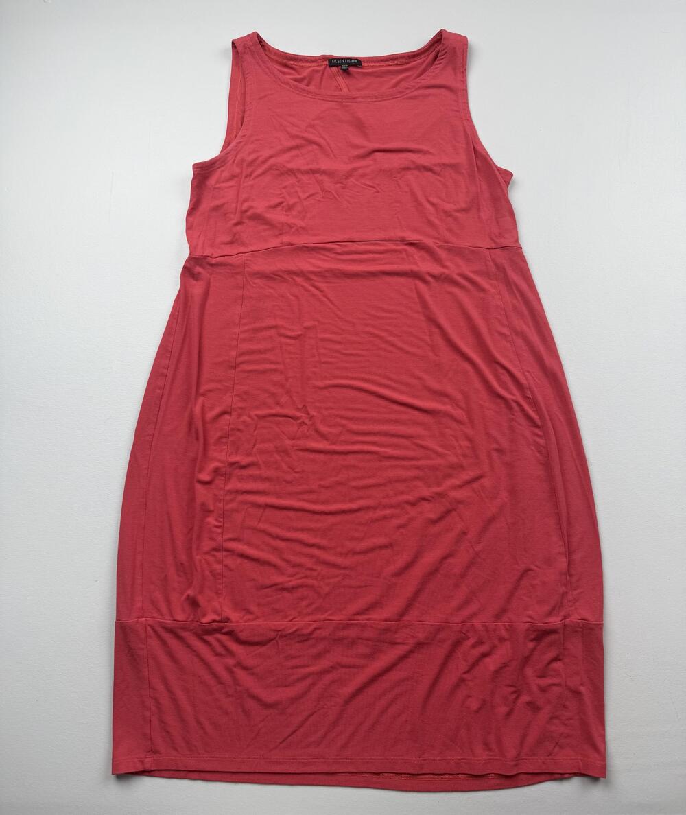 Eileen Fisher Dress Womens L Red Sleeveless Tank Scoop Neck Jersey Knit Keyhole
